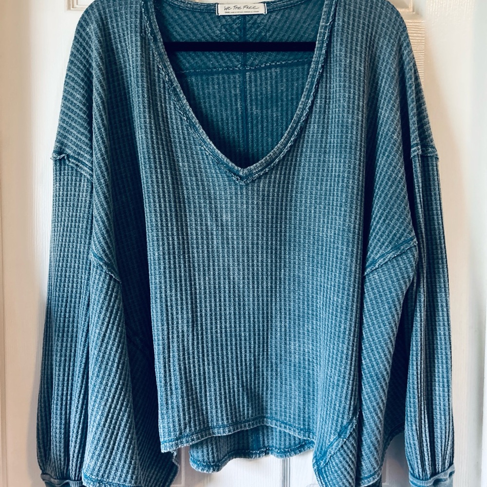 Free People Blue V-Neck Oversized Waffle Knit